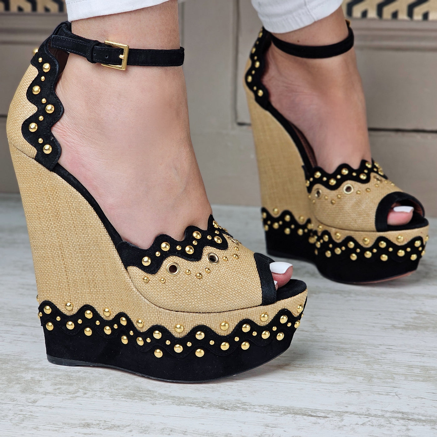 Alaïa Peep Toe Wedge Heels