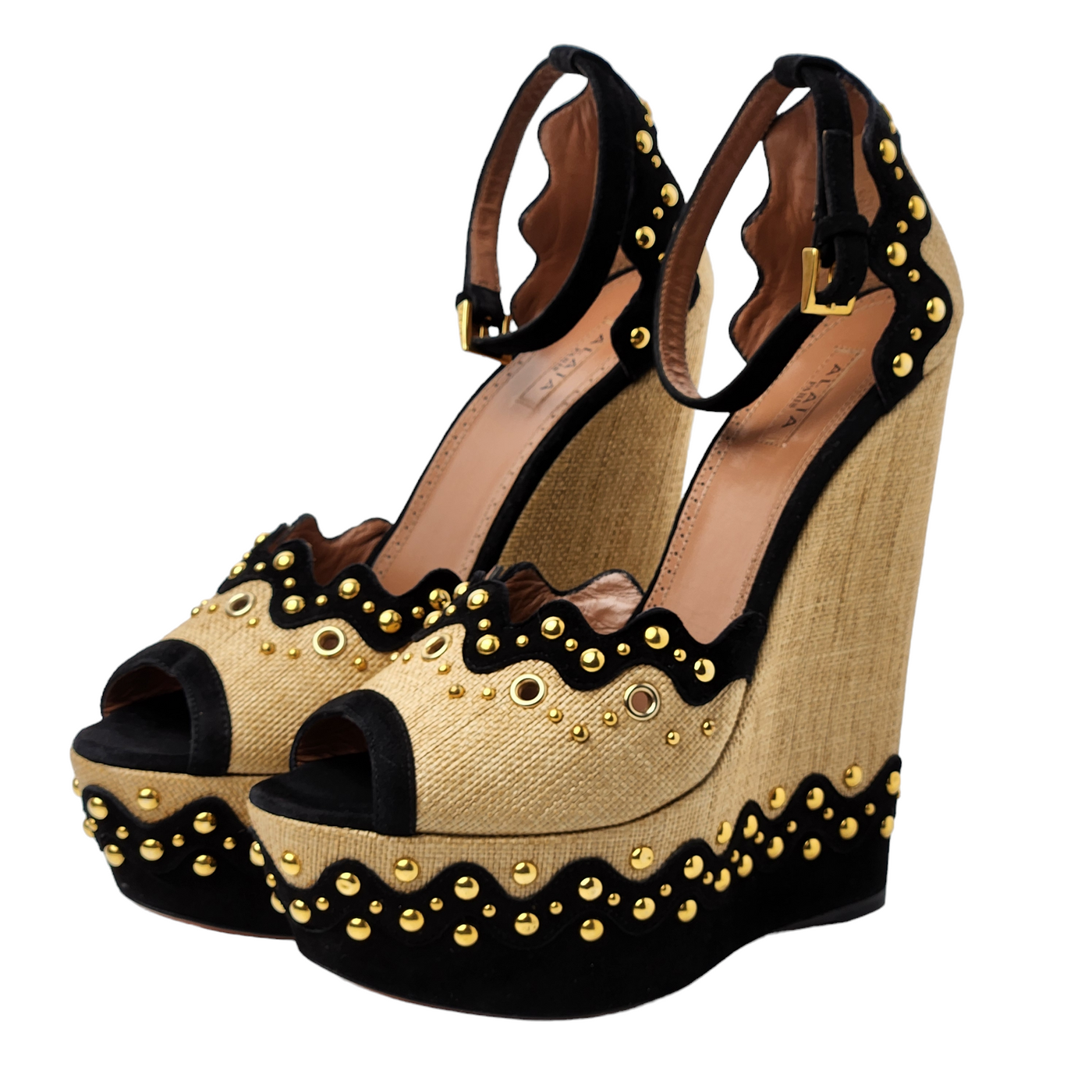 Alaïa Peep Toe Raffia Wedge Heels