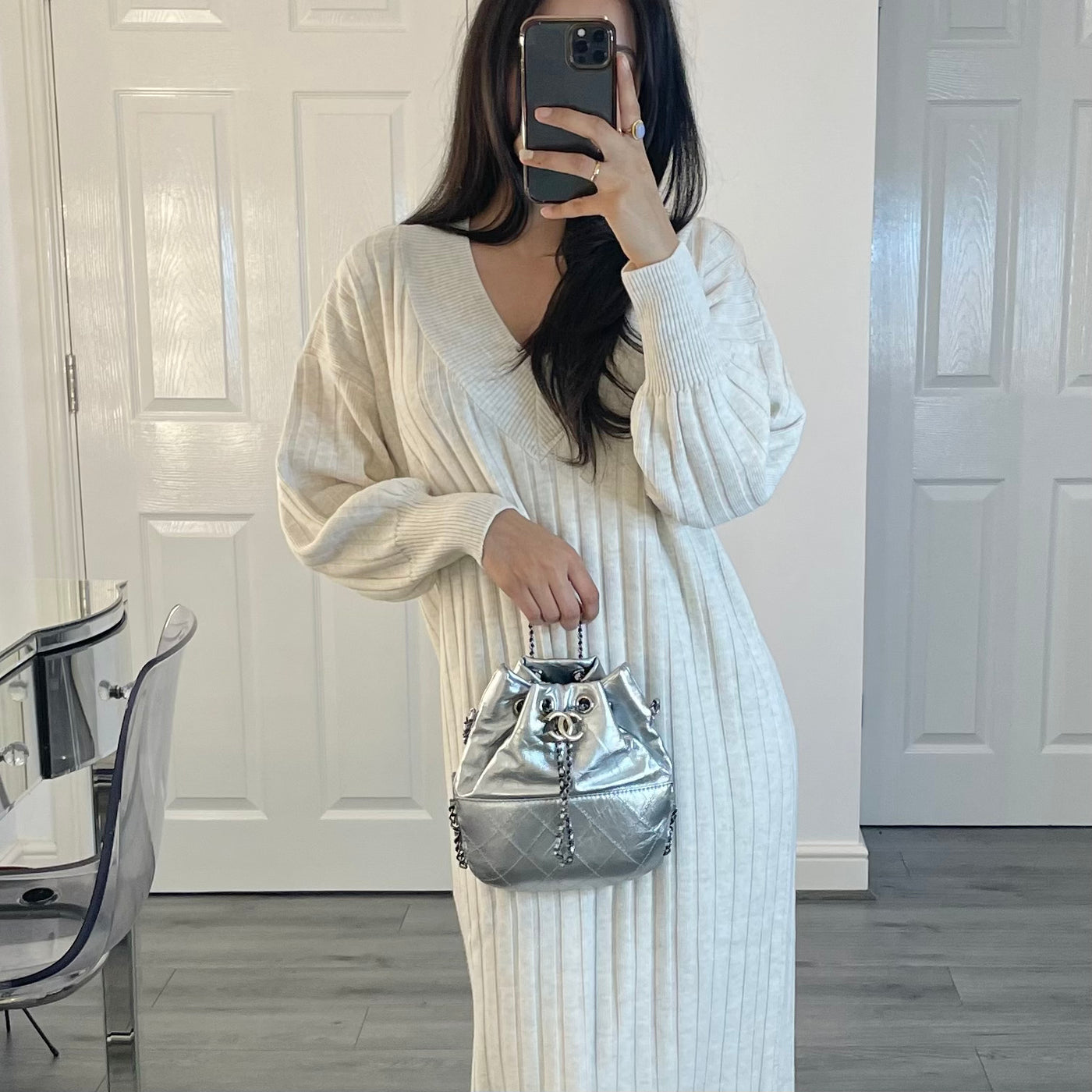 CHANEL DESIGNER SMALL GABRIELLE SILVER BUCKET BAG WORN MODELLED