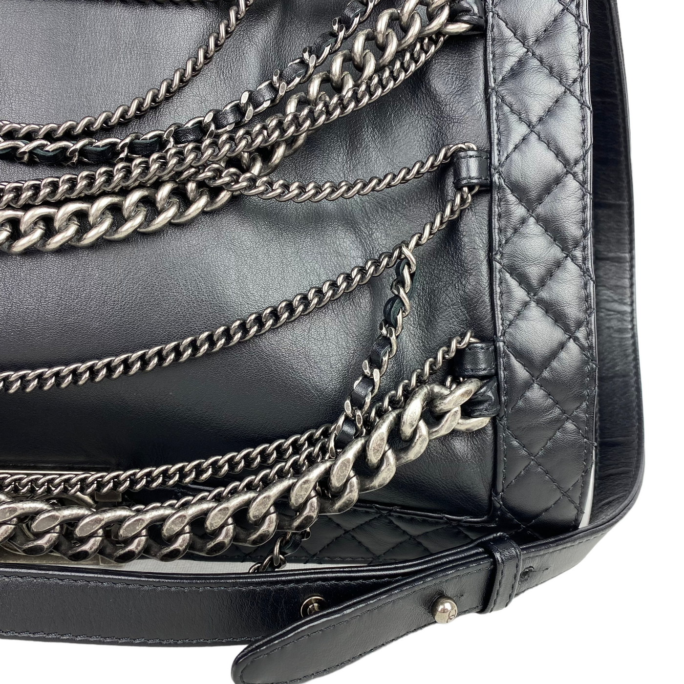 Chanel black Enchained XL Boy Bag close up 