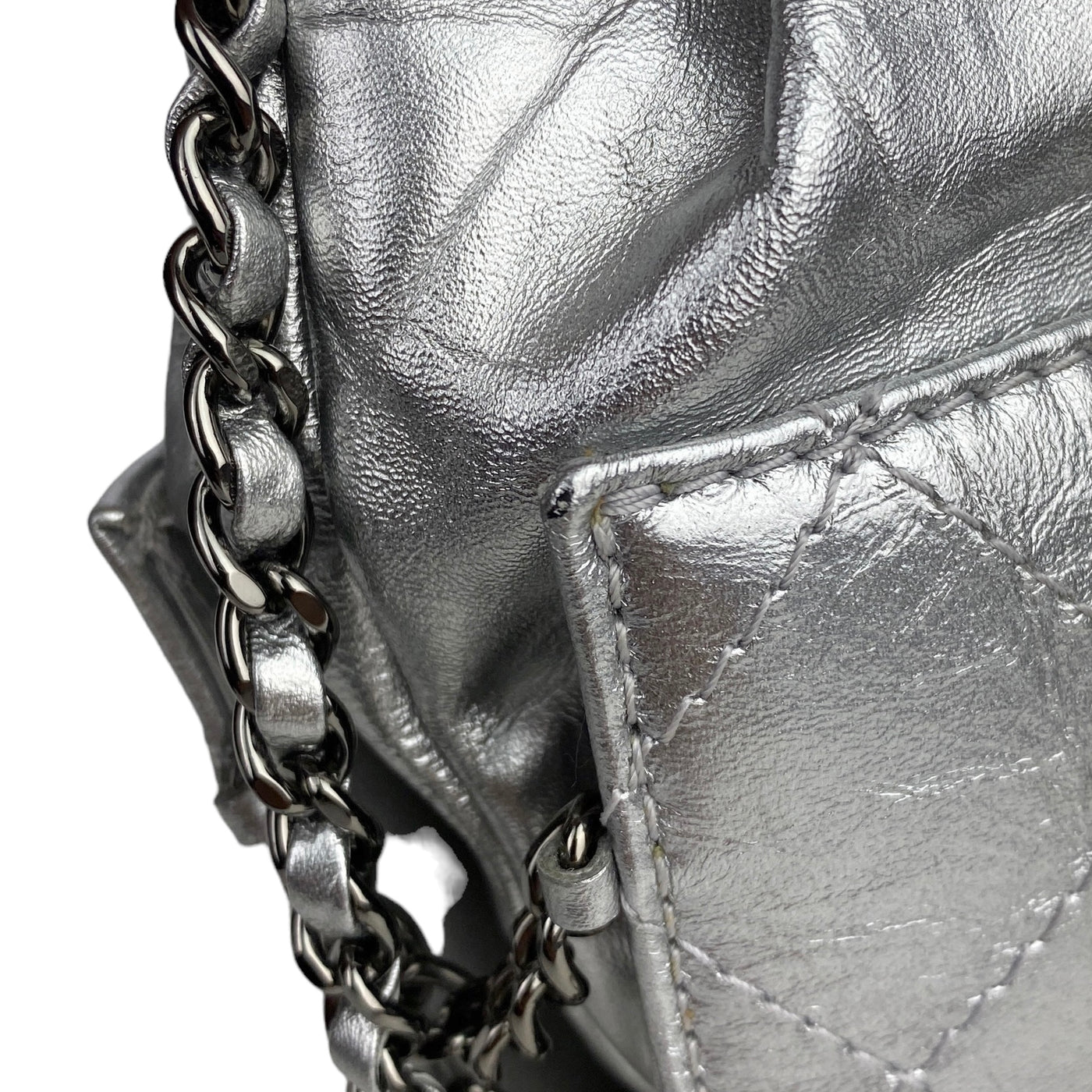 CHANEL DESIGNER SMALL GABRIELLE SILVER BUCKET BAG CORNER