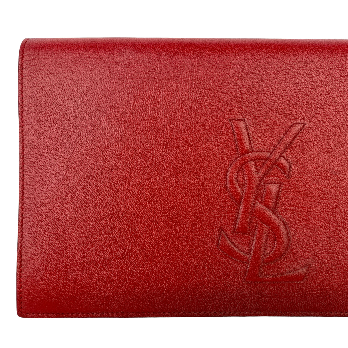 YSL designer red clutch bag with logo at the front