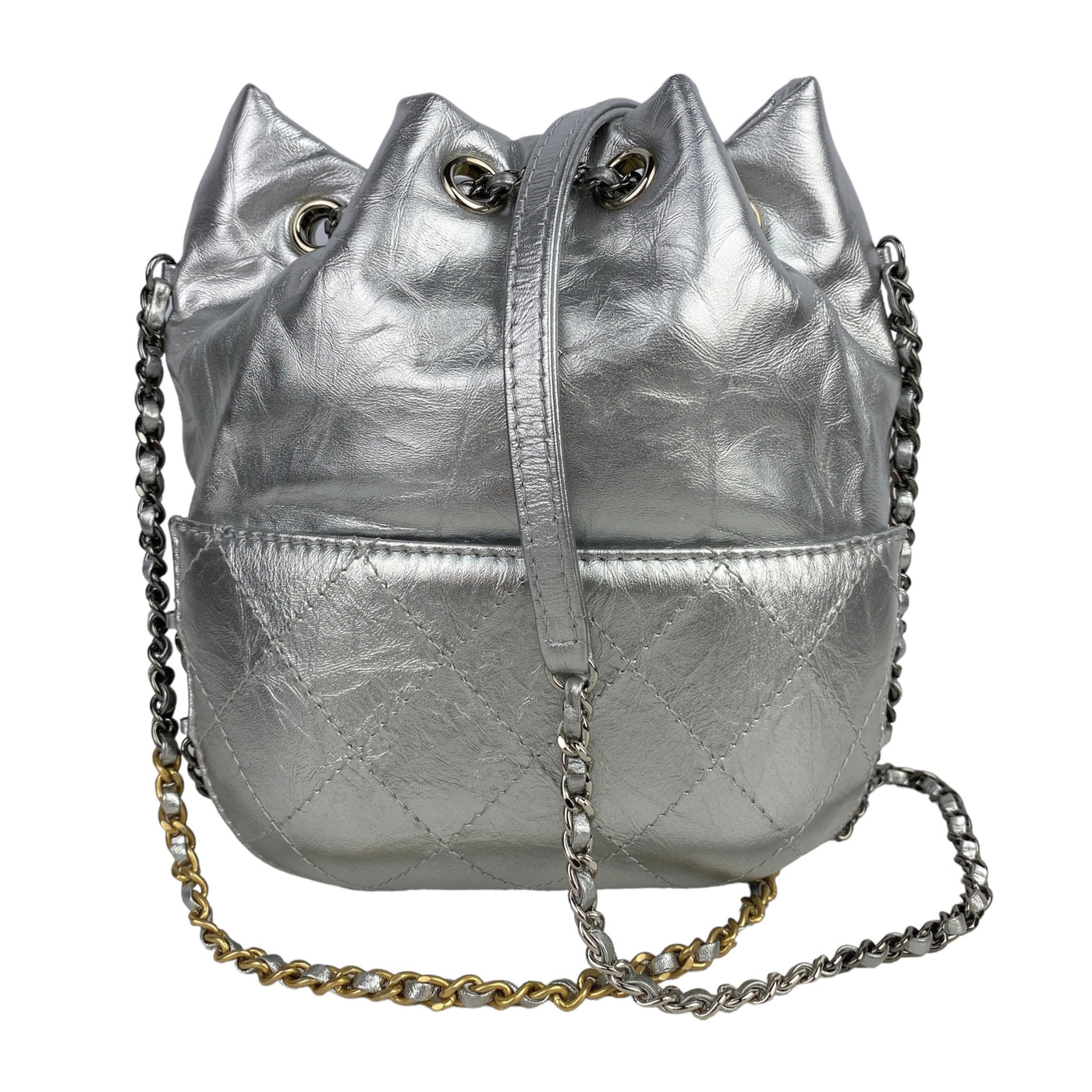 CHANEL DESIGNER SMALL GABRIELLE SILVER BUCKET BAG REAR VIEW