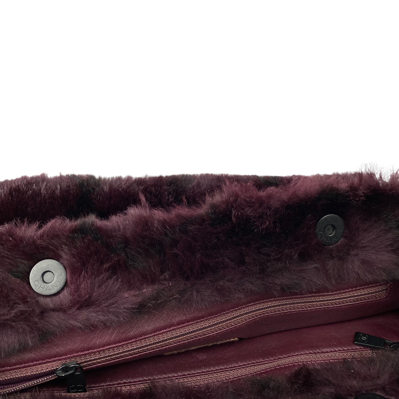 Chanel purple fur handbag close up