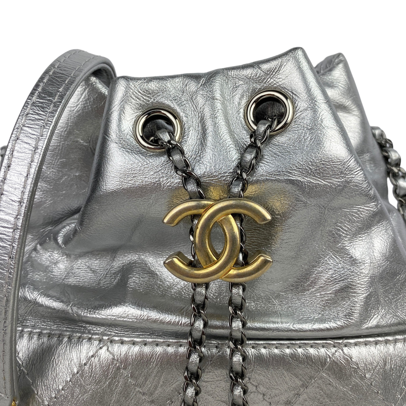 CHANEL DESIGNER SMALL GABRIELLE SILVER BUCKET BAG LOGO DETAIL