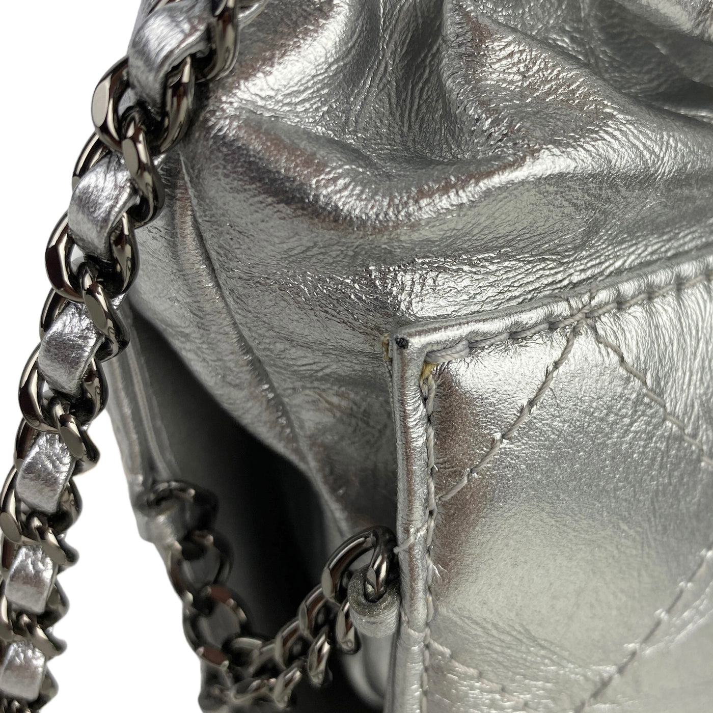 CHANEL DESIGNER SMALL GABRIELLE SILVER BUCKET BAG CORNER