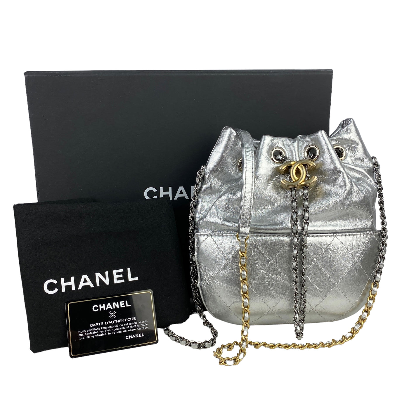 CHANEL DESIGNER SMALL GABRIELLE SILVER BUCKET BAG WITH BOX AND DUST BAG