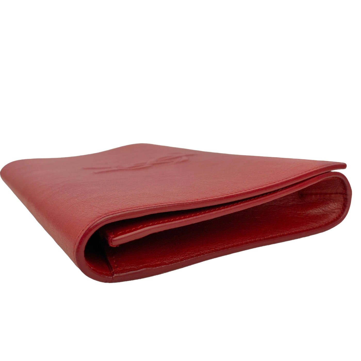 YSL designer red clutch bag side view 