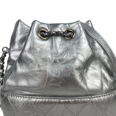 CHANEL DESIGNER SMALL GABRIELLE SILVER BUCKET BAG REAR CLOSE UP