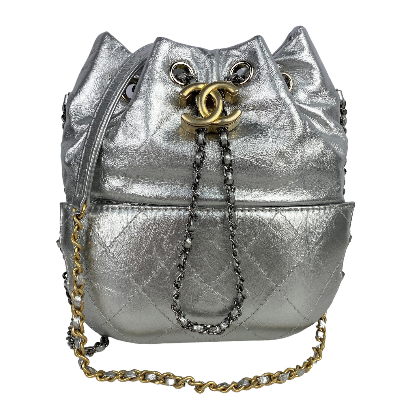 CHANEL DESIGNER SMALL GABRIELLE SILVER BUCKET BAG