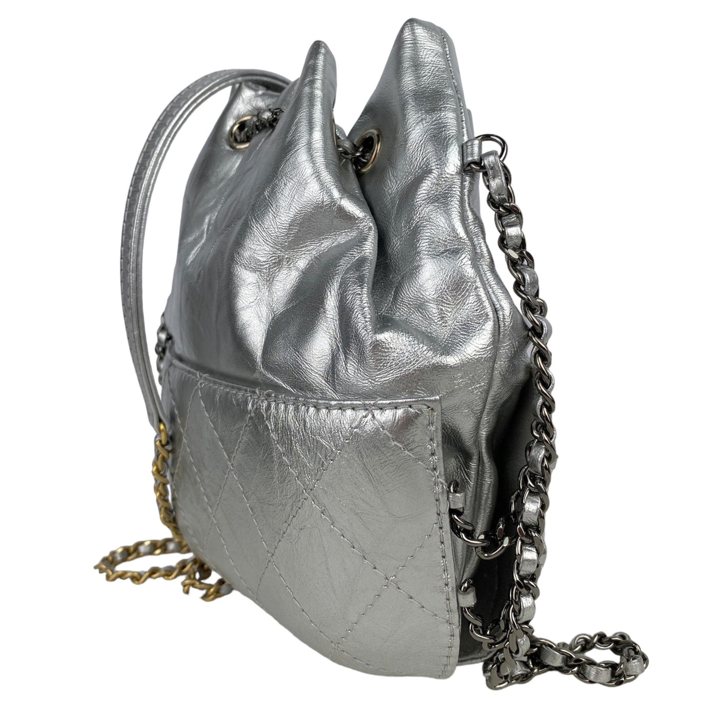 CHANEL DESIGNER SMALL GABRIELLE SILVER BUCKET BAG SIDE VIEW 