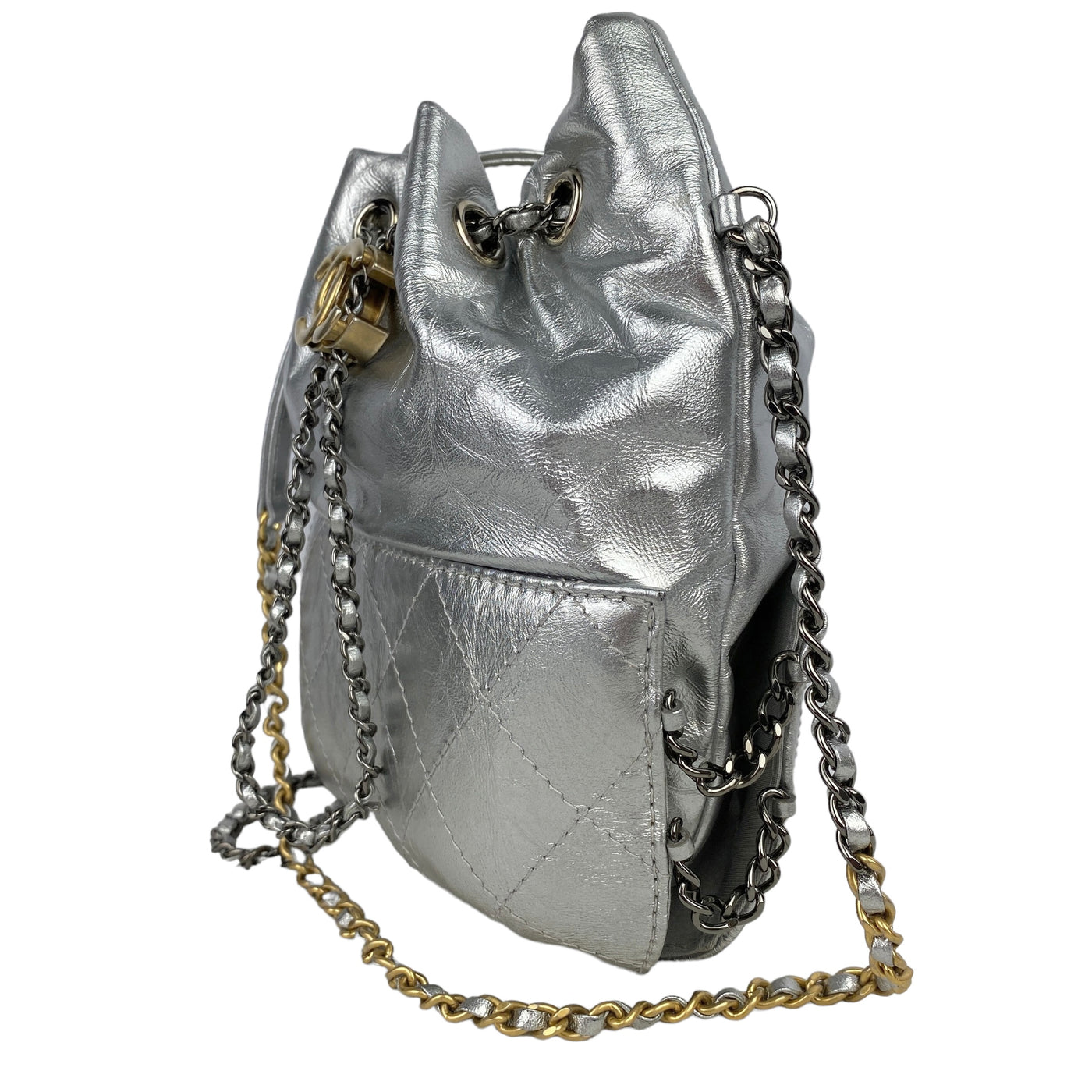 CHANEL DESIGNER SMALL GABRIELLE SILVER BUCKET BAG SIDE VIEW 