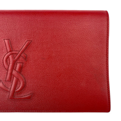 YSL designer red clutch bag with logo at the front