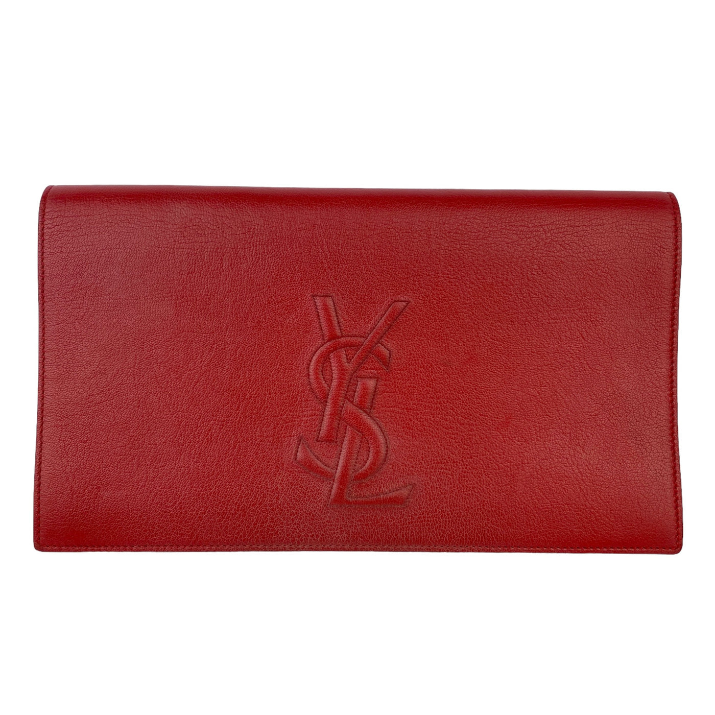 YSL designer red clutch bag with logo at the front